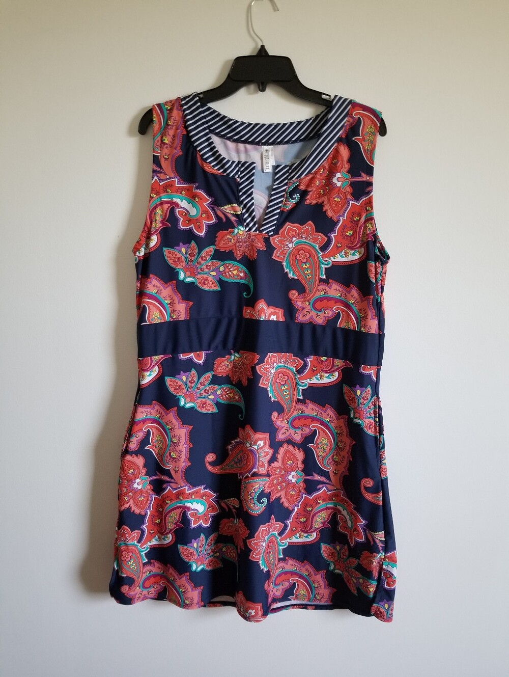 Mazu Swim Sleeveless Navy Paisley A-Line Dress with V-Notch